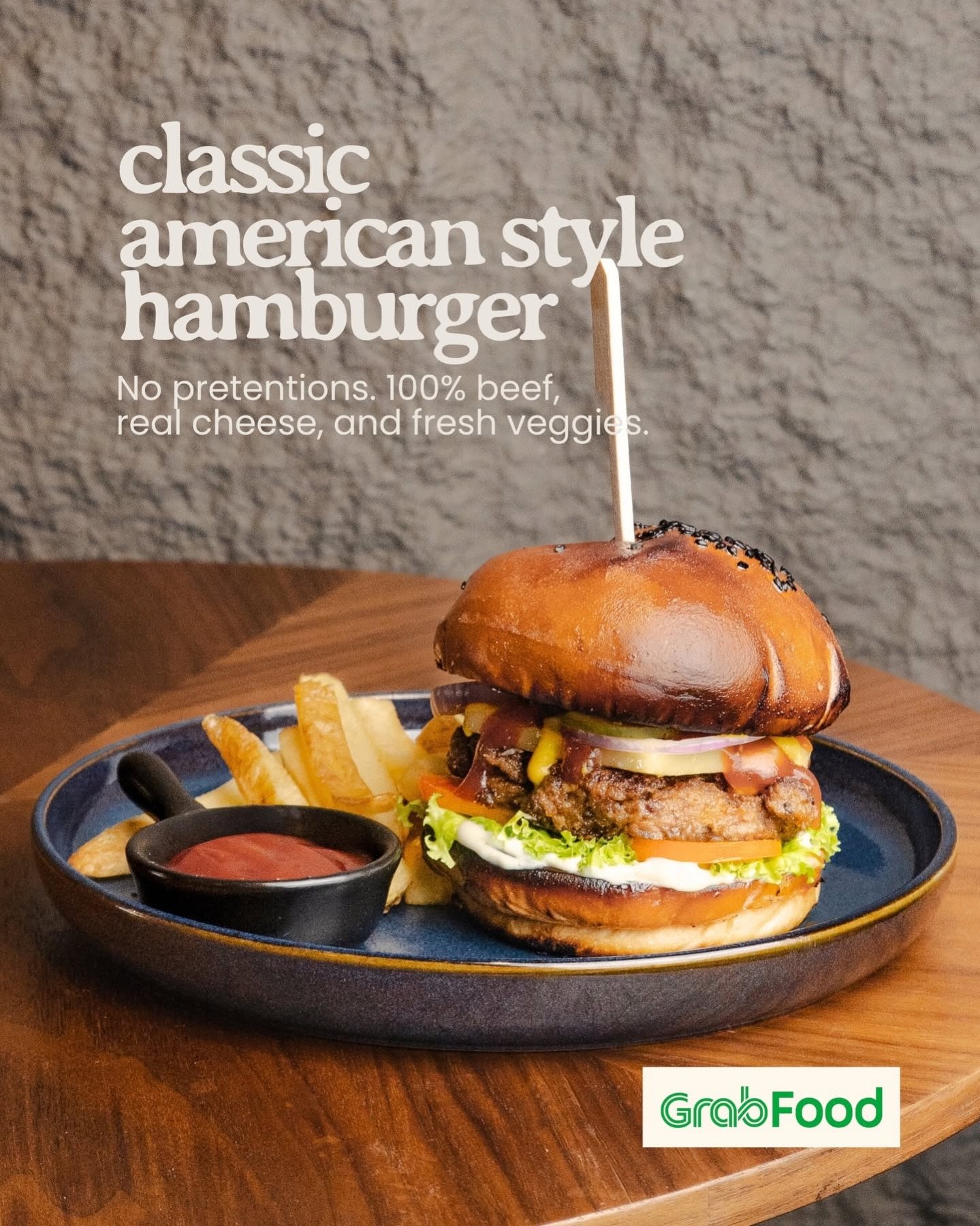Classic American style hamburger with fries
